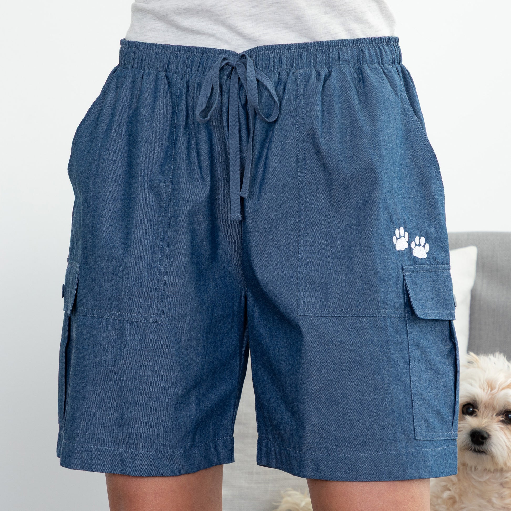 Chambary cargo shorts with paw prints on a white background