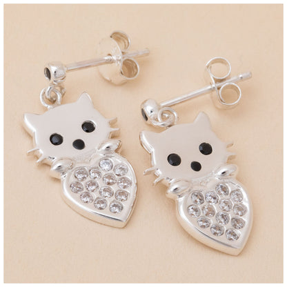 Cat & Heart Birth Month Sterling Earrings