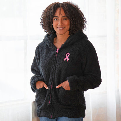 Pink Ribbon Plush Sherpa Fleece Zip Up Hooded Jacket