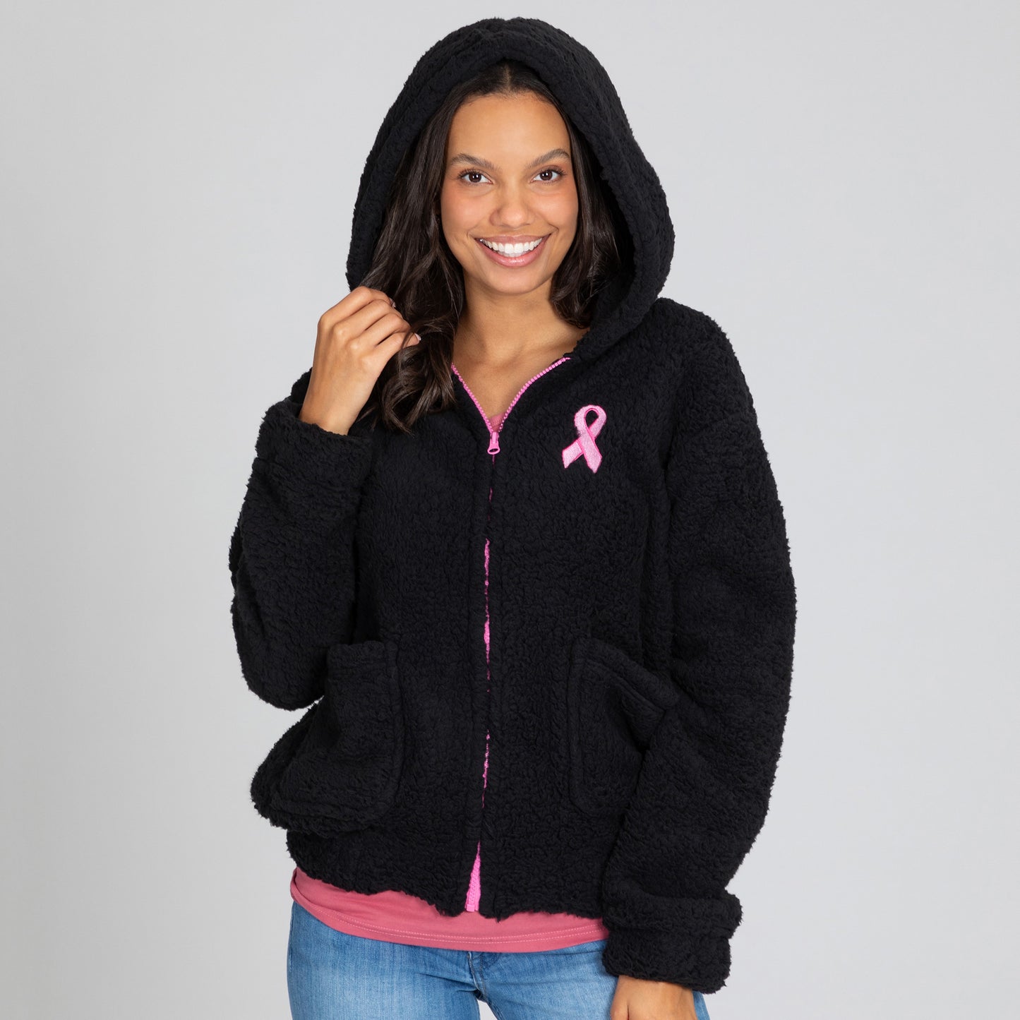 Pink Ribbon Plush Sherpa Fleece Zip Up Hooded Jacket