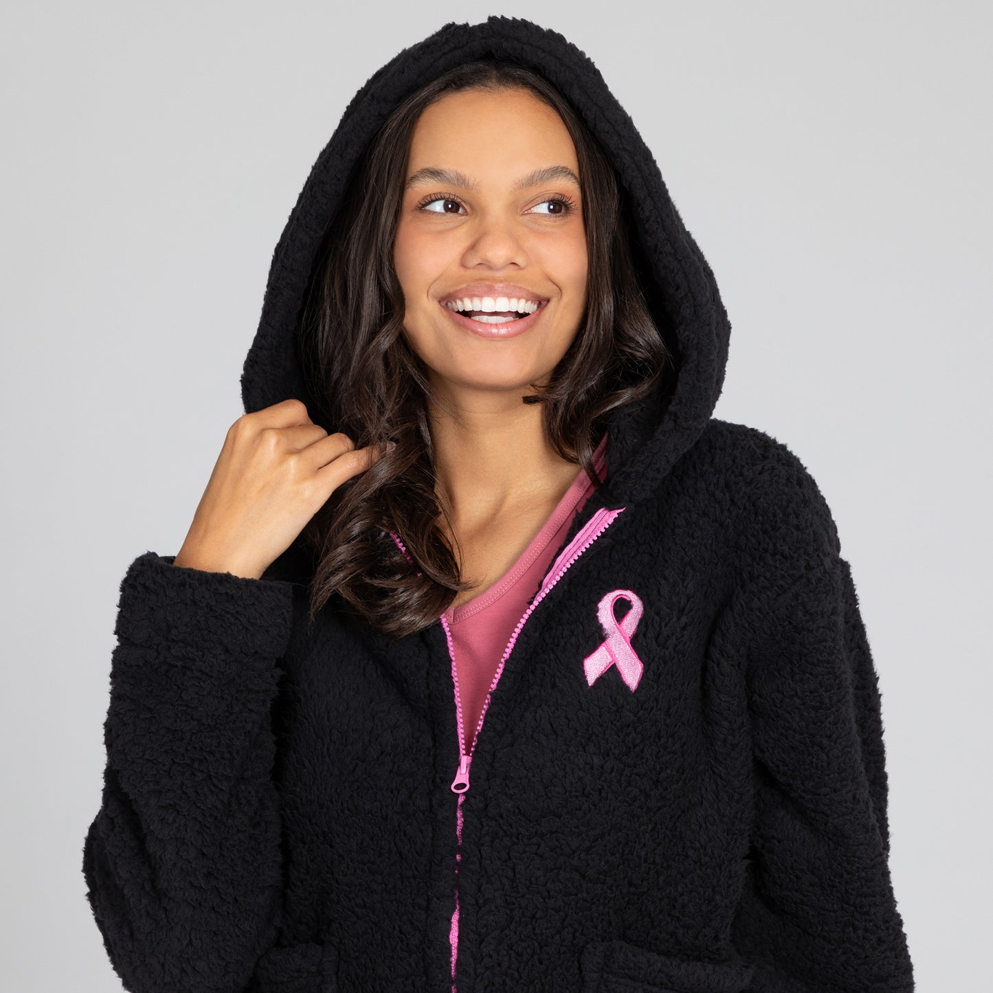 Pink Ribbon Plush Sherpa Fleece Zip Up Hooded Jacket