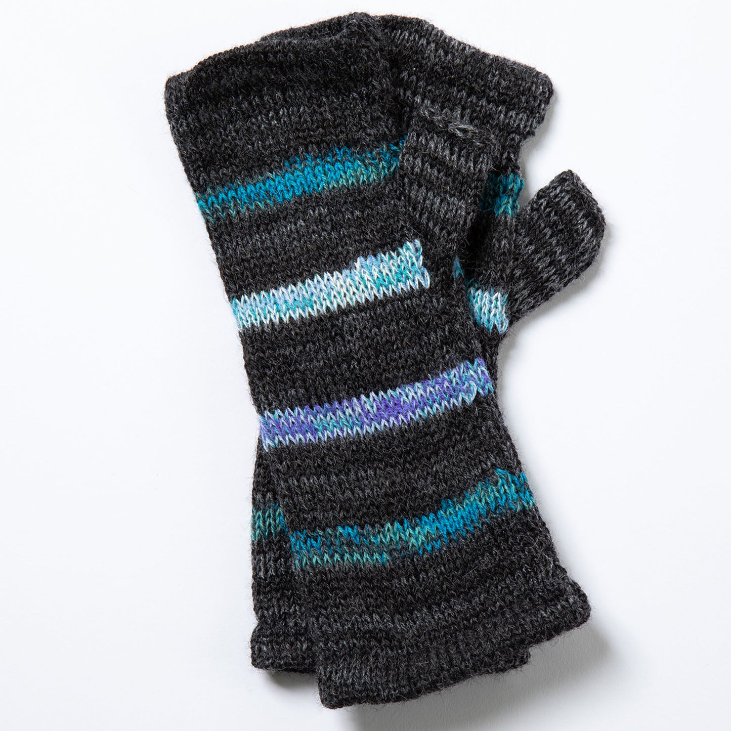 Pair of black and blue striped fingerless gloves on a white background