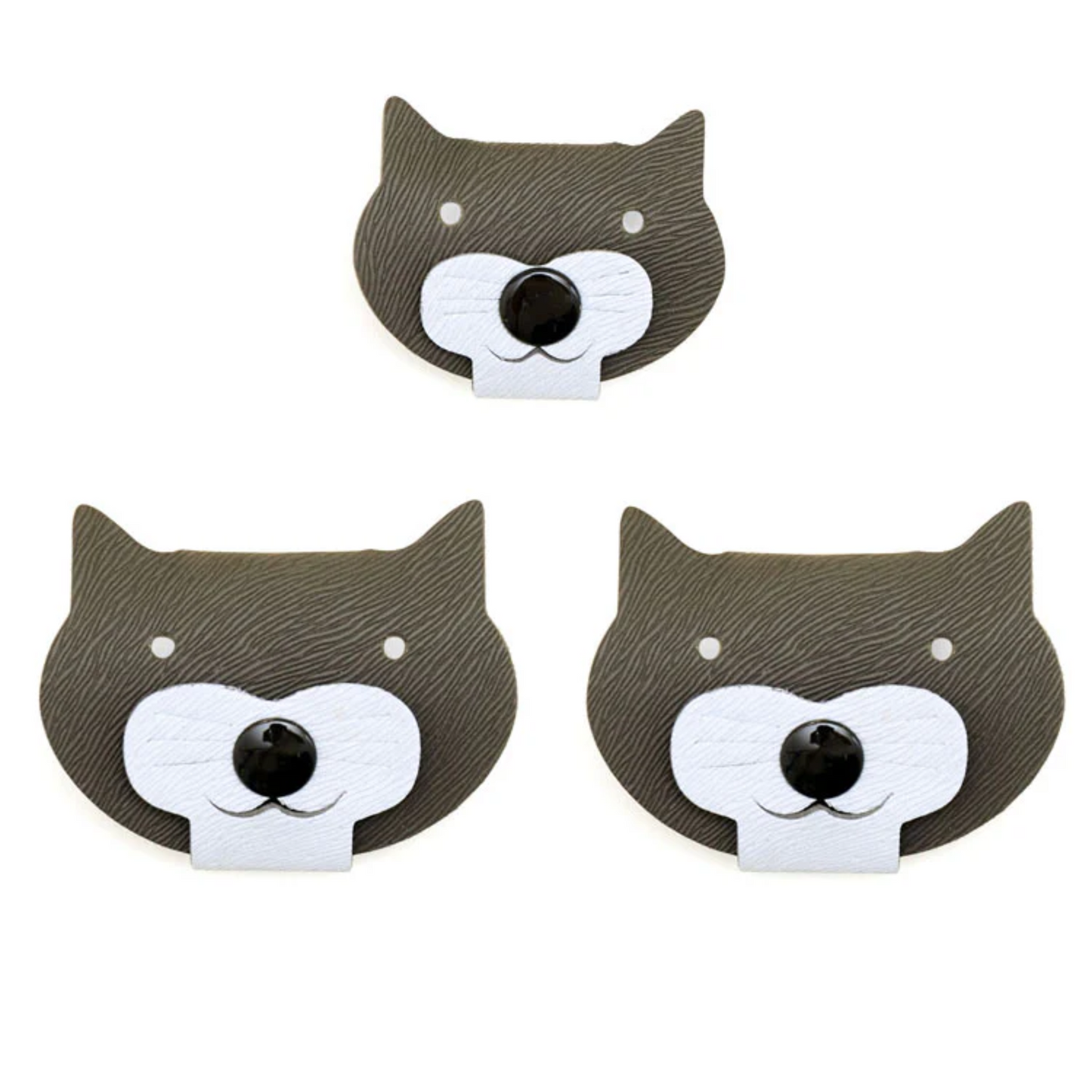 Set of 3 cable ties with a cat face design, on a white background. 