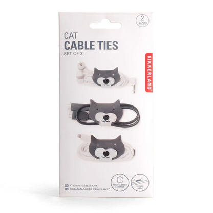 Cat-shaped cable ties in packaging with Kikkerland branding on a white background