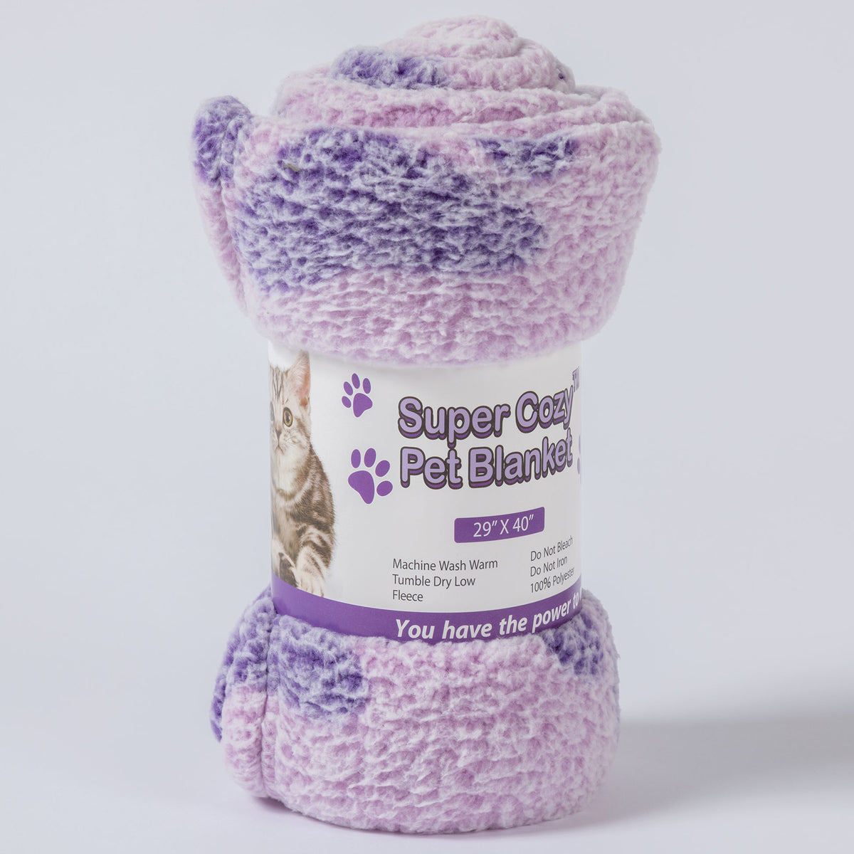 A roll of Super Cozy Pet Blanket in a lavender and purple marled texture, wrapped in a white paper label with a cat picture and product details, on a light gray background.