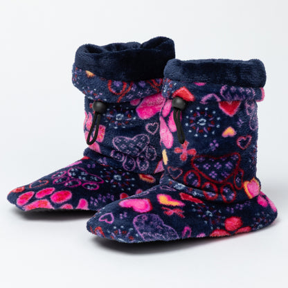 Pair of colorful paw print and heart patterned slipper booties on a white background.