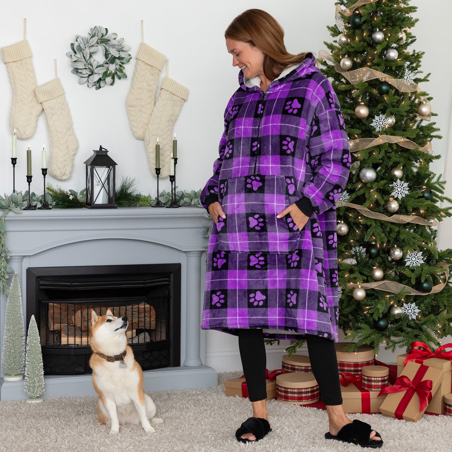 Super Cozy&trade; Paw Print Half Zip Blanket Hoodie with Kangaroo Pocket