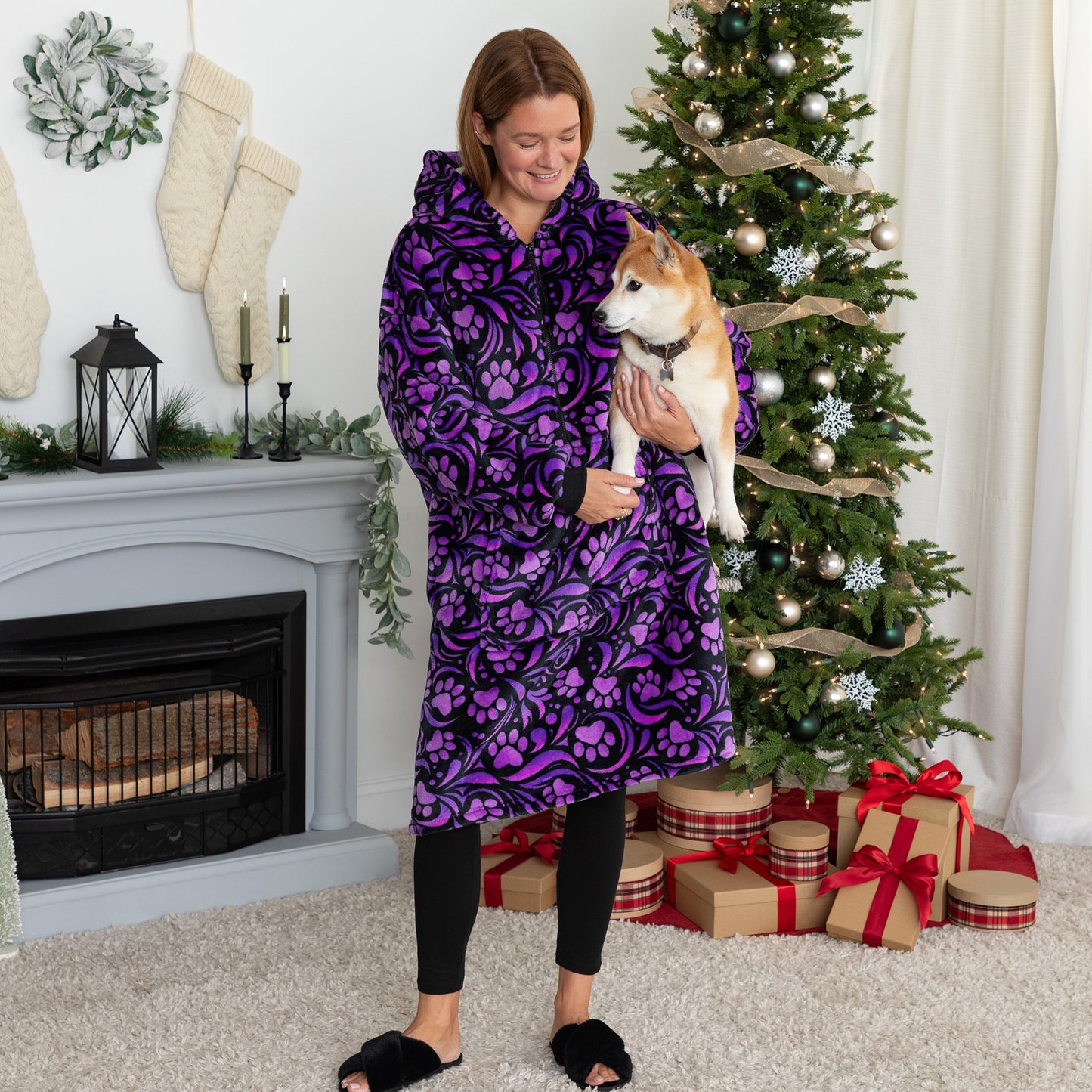 Super Cozy&trade; Paw Print Half Zip Blanket Hoodie with Kangaroo Pocket