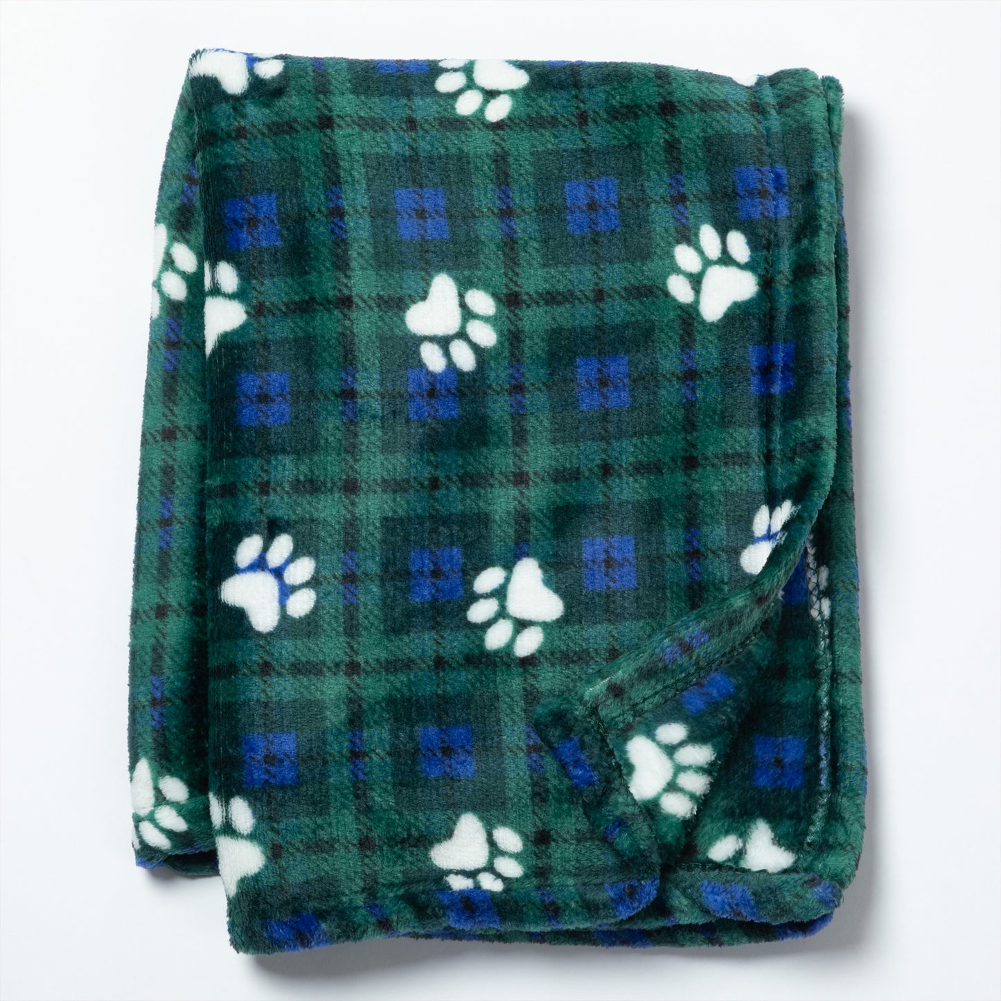 A folded green plaid blanket with white paw prints and small blue square motifs, shown on a plain white background.