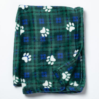 A folded green plaid blanket with white paw prints and small blue square motifs, shown on a plain white background.