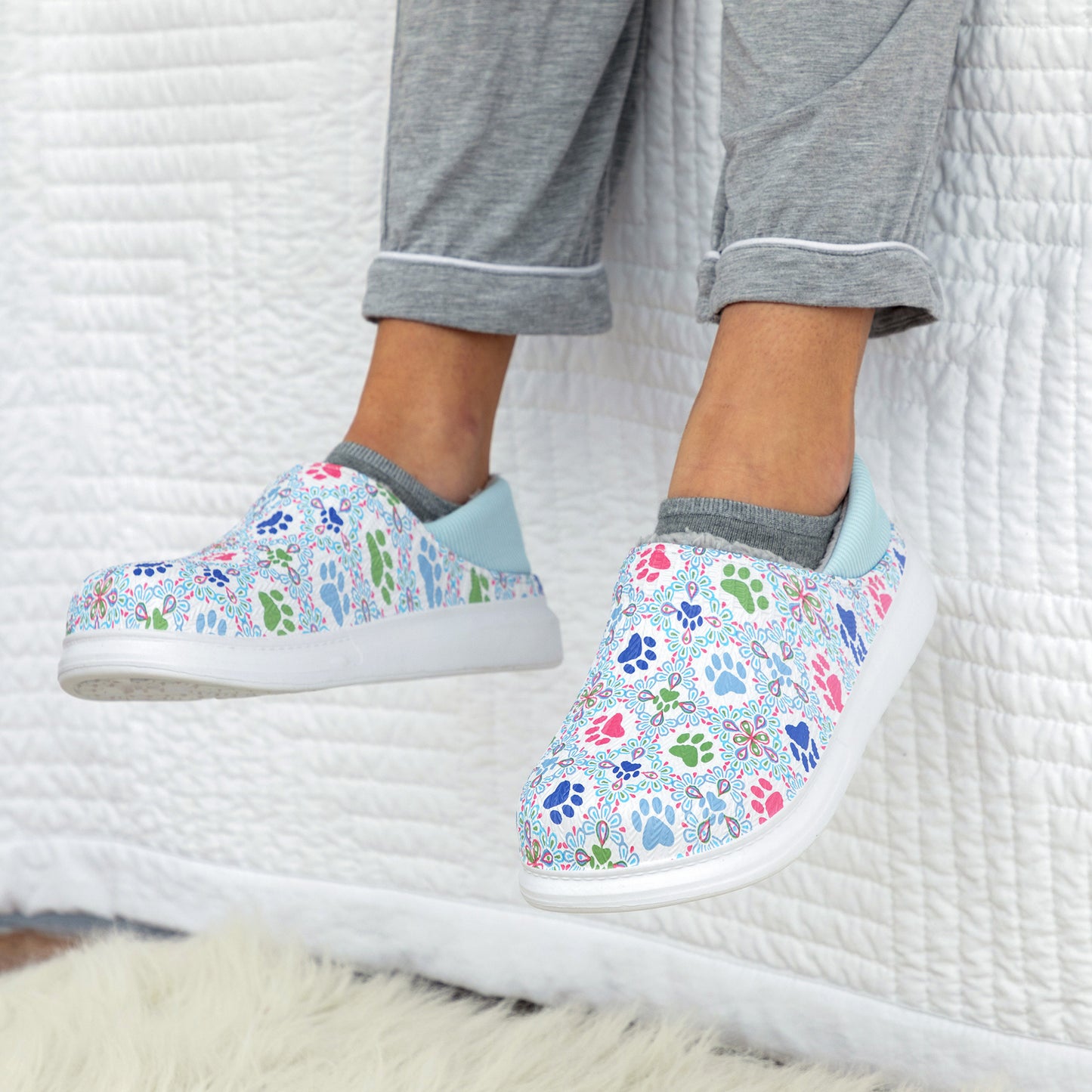 Paw Print Faux Fur Lined Slipper Shoes with Comfort Heel