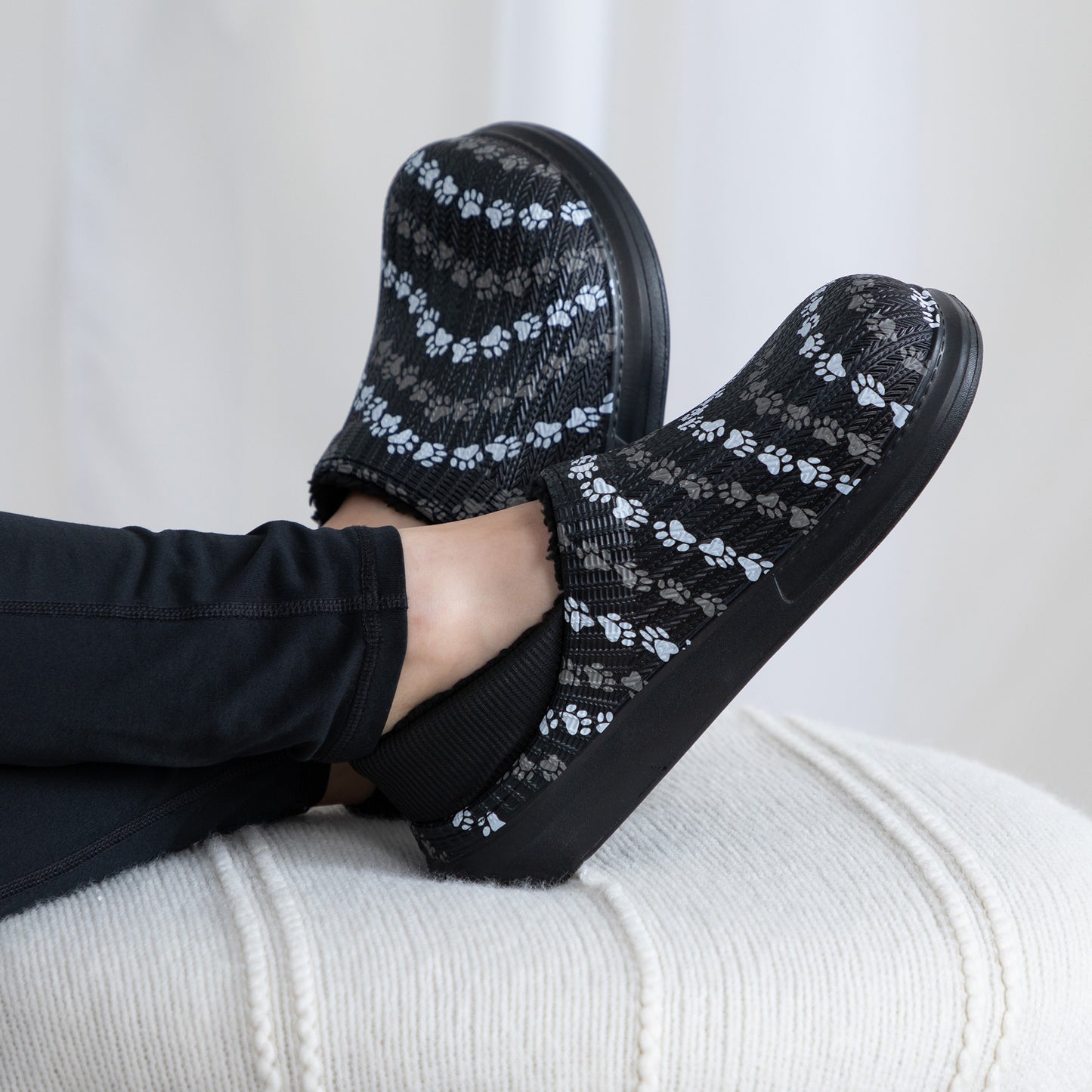 Paw Print Faux Fur Lined Slippers with Comfort Heel