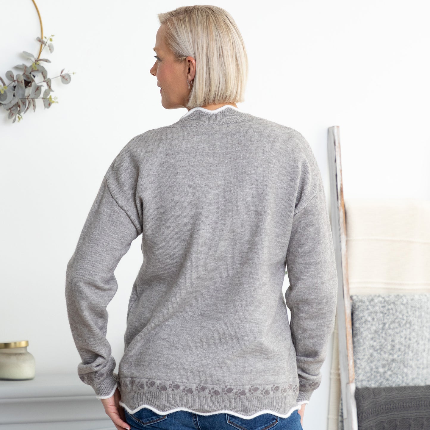 Paw Print Accent Trim V-Neck Sweater