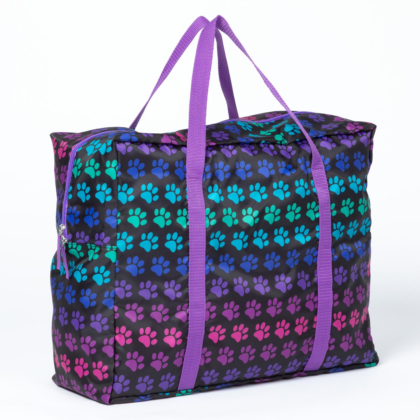 A duffel bag with colorful paw print pattern, purple straps on a white background