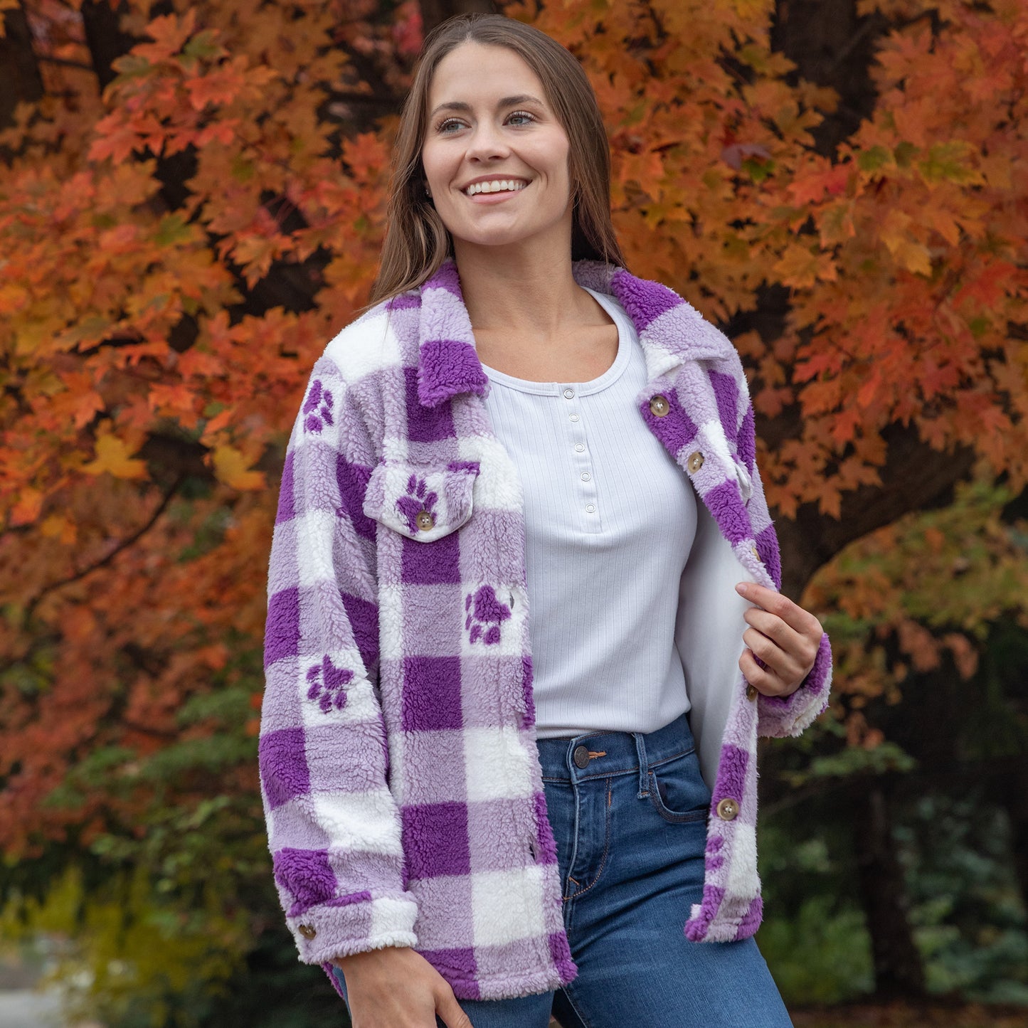 Purple Paws & Plaid Plush Sherpa Fleece Sweater Jacket