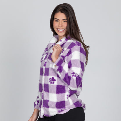 Purple Paws & Plaid Plush Sherpa Fleece Sweater Jacket