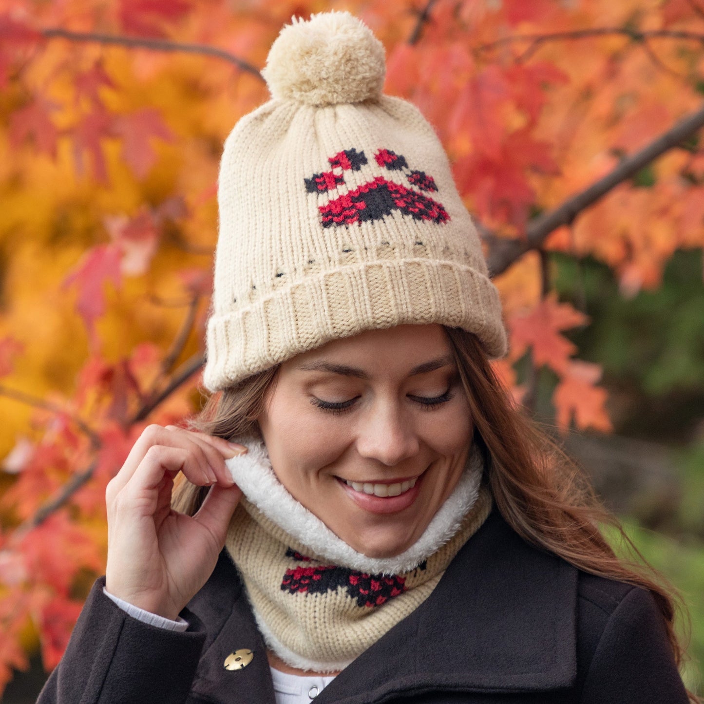 Paw Print Knit Beanie & Neck Warmer Set