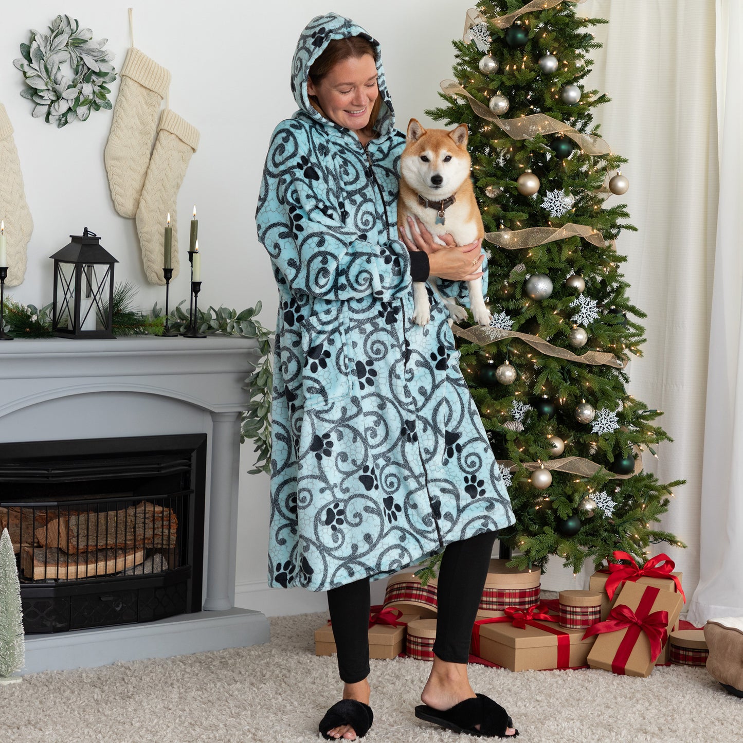 Super Cozy&trade; Paw Print Full Zip Blanket Hoodie with Waist Toggle