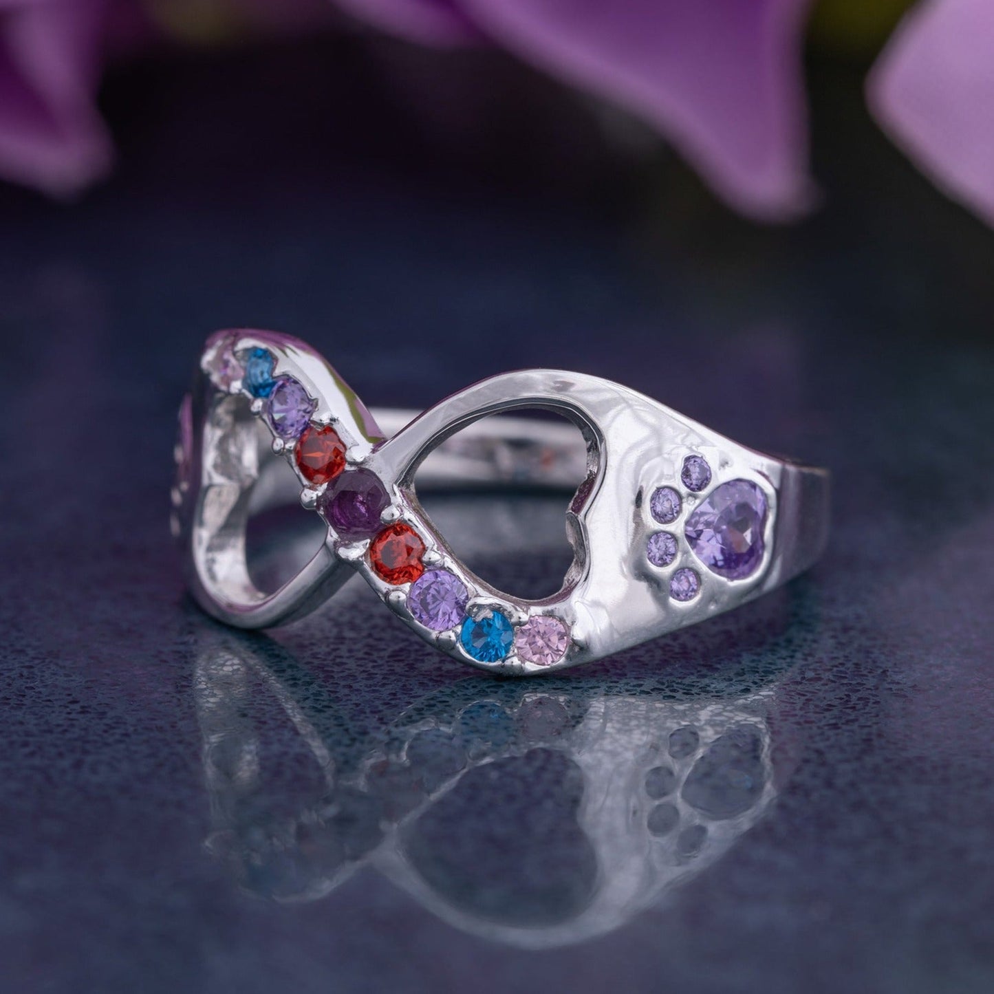 Rainbow Bridge Infinity Paw Print Sterling Ring