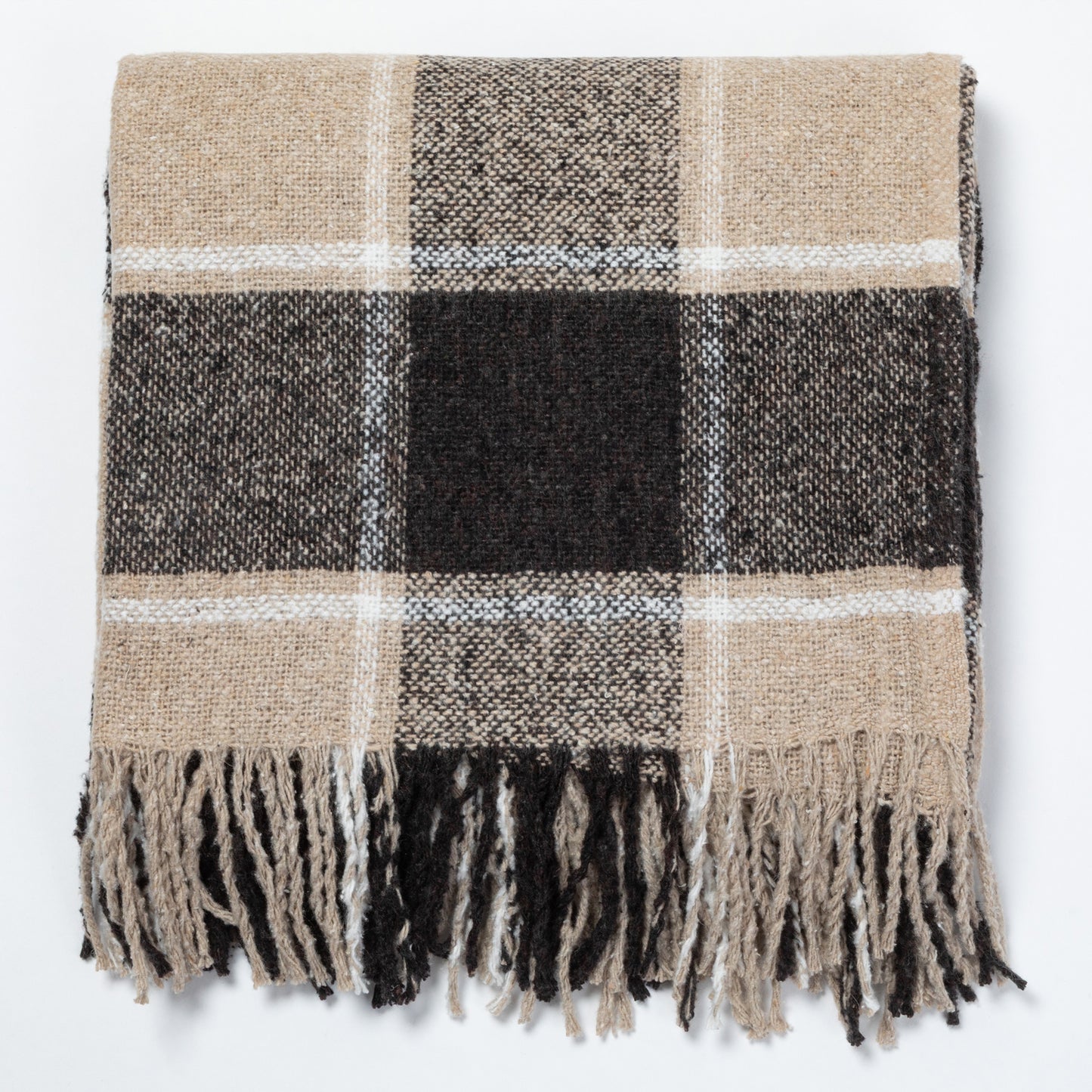 Woven plaid blanket in neutral tones with fringed edges, perfect for cozy warmth.