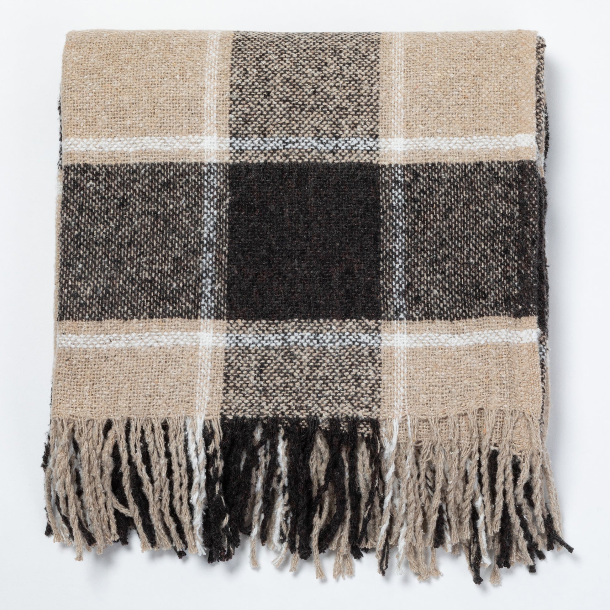 Woven plaid blanket in neutral tones with fringed edges, perfect for cozy warmth.