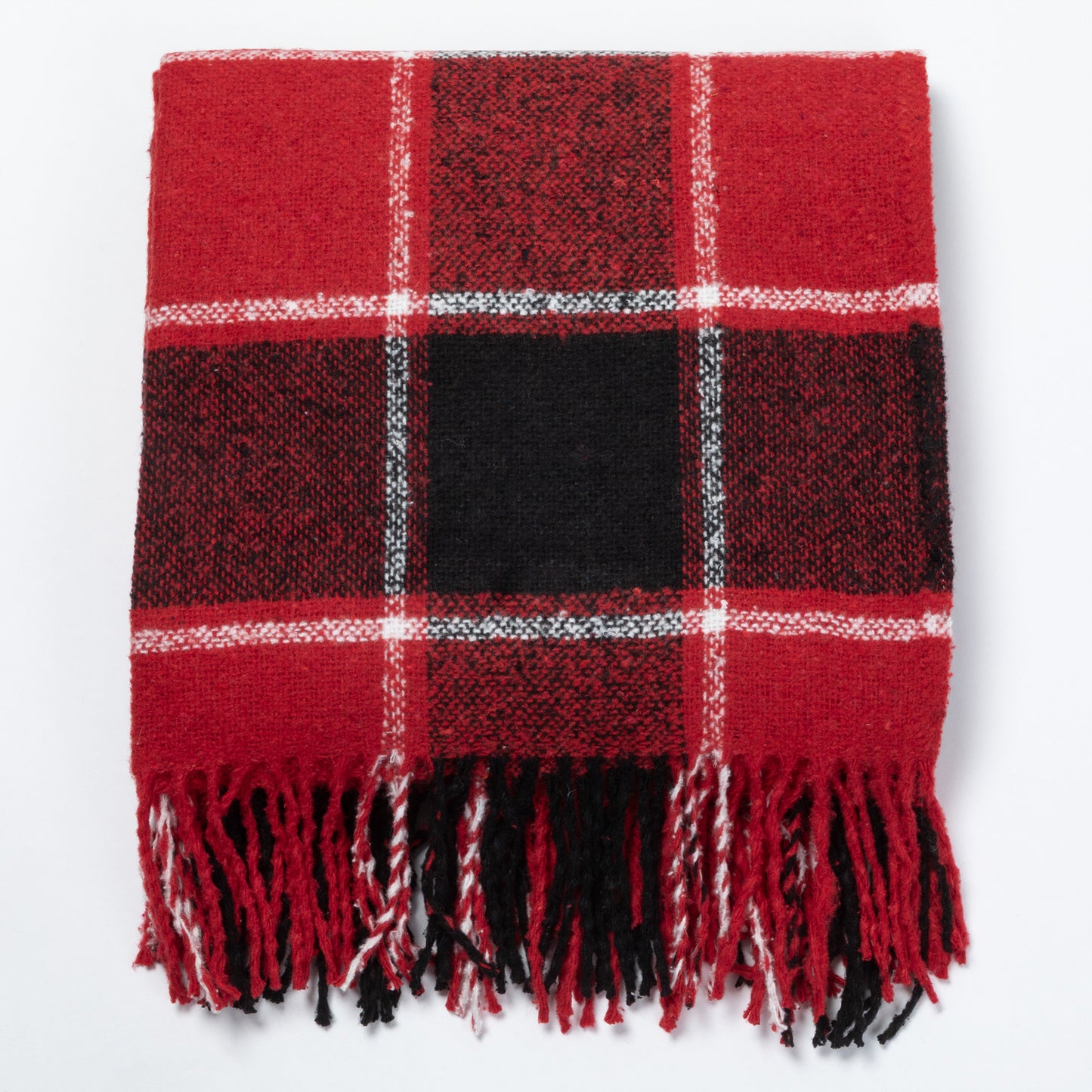 A red and black plaid fringed blanket with white accent lines, laid flat against a white background.