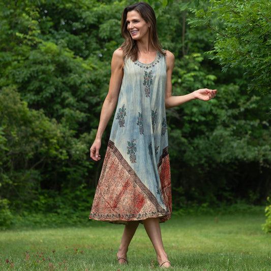 Dusty Pink & Blue Floral Sleeveless Dress
