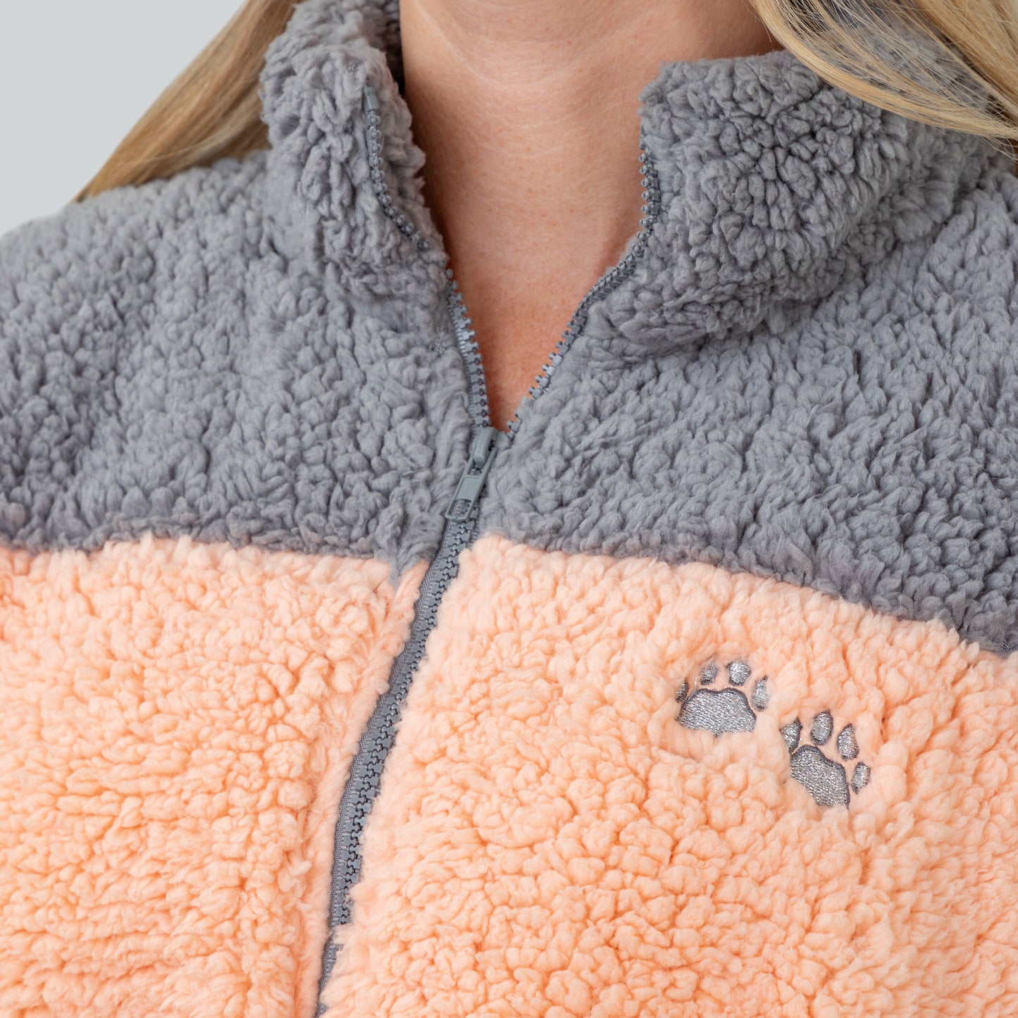 Paw Print Two-Toned Plush Sherpa Fleece Zip Up Jacket