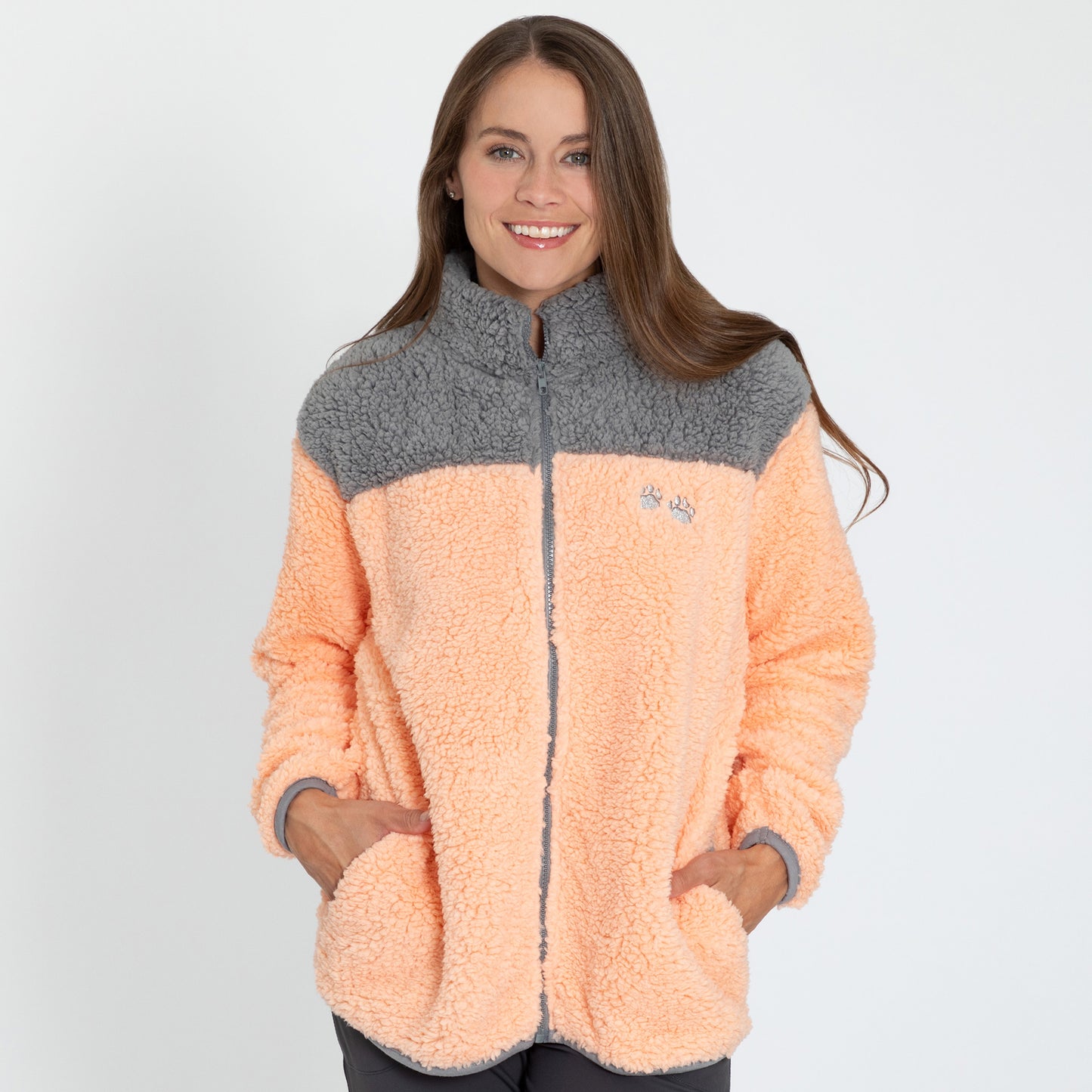 Paw Print Two-Toned Plush Sherpa Fleece Zip Up Jacket