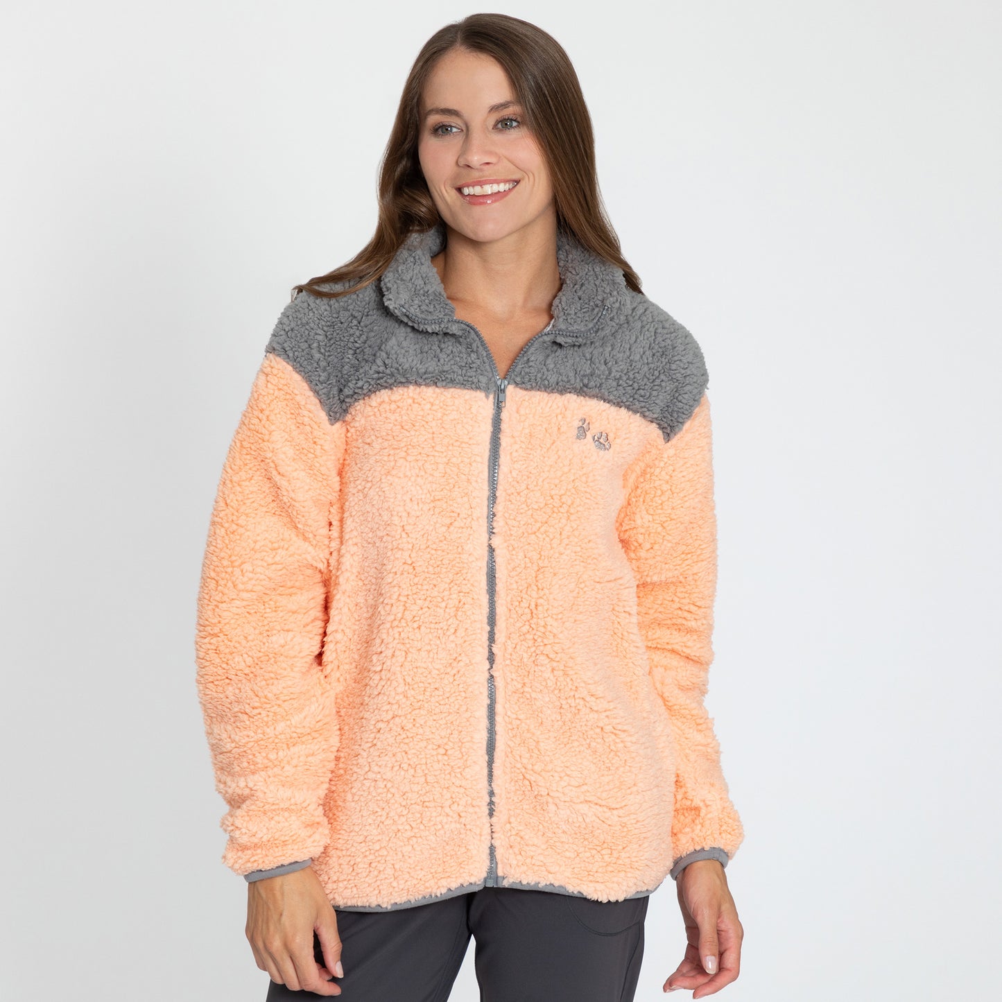 Paw Print Two-Toned Plush Sherpa Fleece Zip Up Jacket