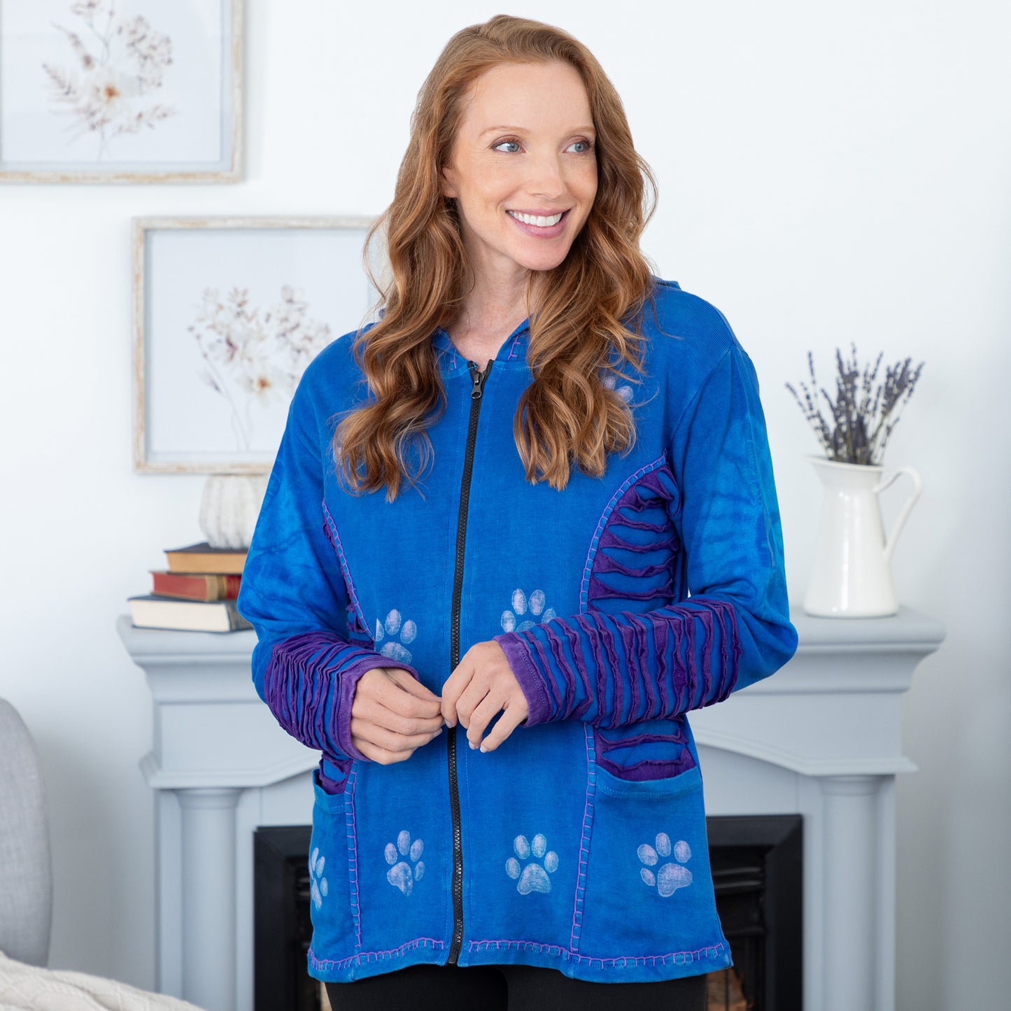 Blue & Purple Stonewashed Paw Print Hooded Jacket | Fair Trade