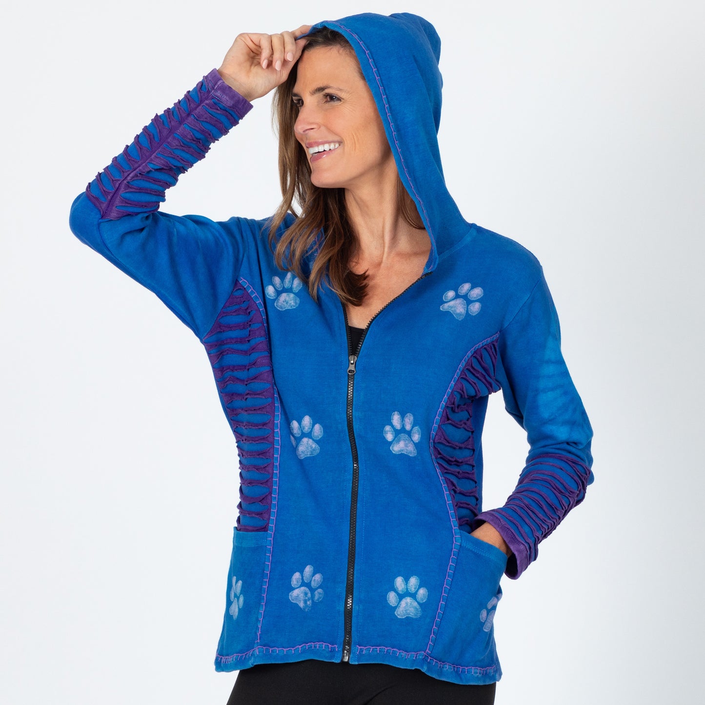 Blue & Purple Stonewashed Paw Print Hooded Jacket | Fair Trade