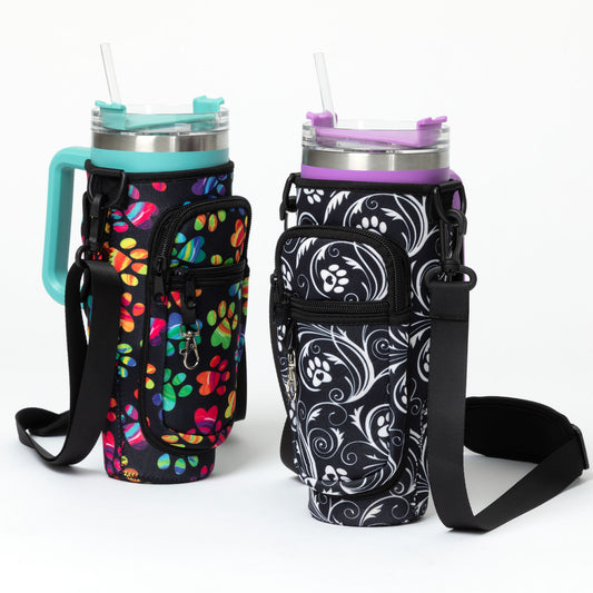 Paw Print Tumbler Carrier with Zippered Pockets - 40oz