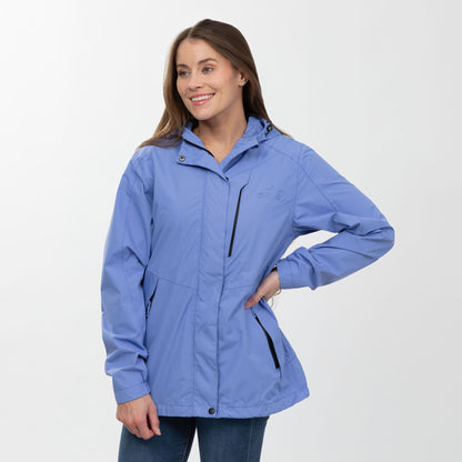 Woman wearing a periwinkle jacket on a white background