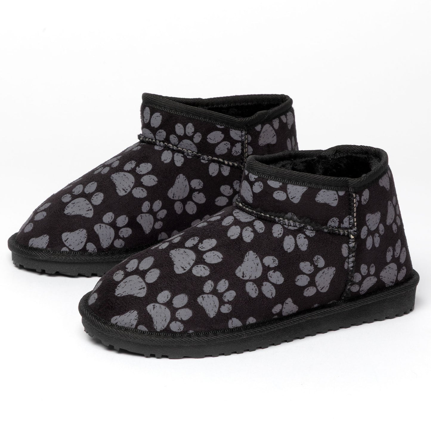 Black slippers with gray paw prints on a white background