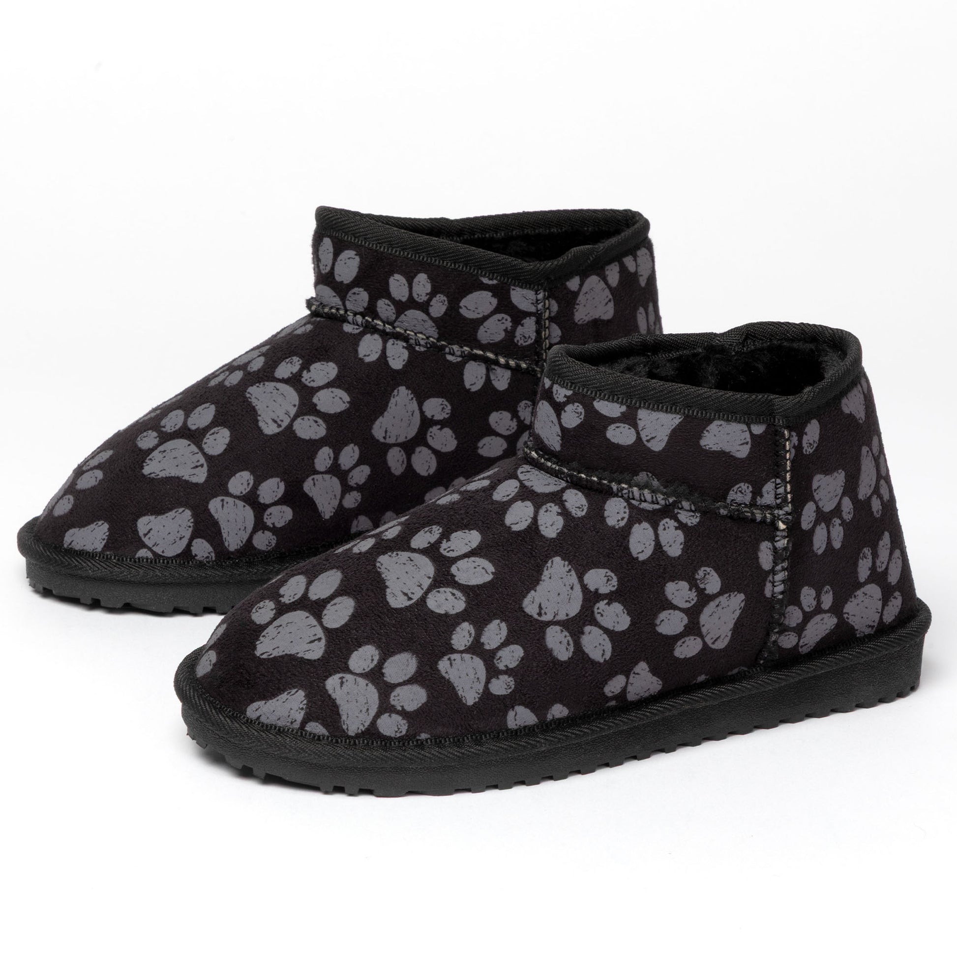 Black slippers with gray paw prints on a white background