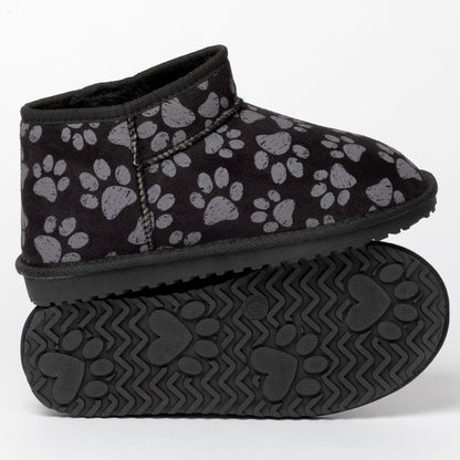 Black slip-on shoes with paw print pattern on a white background