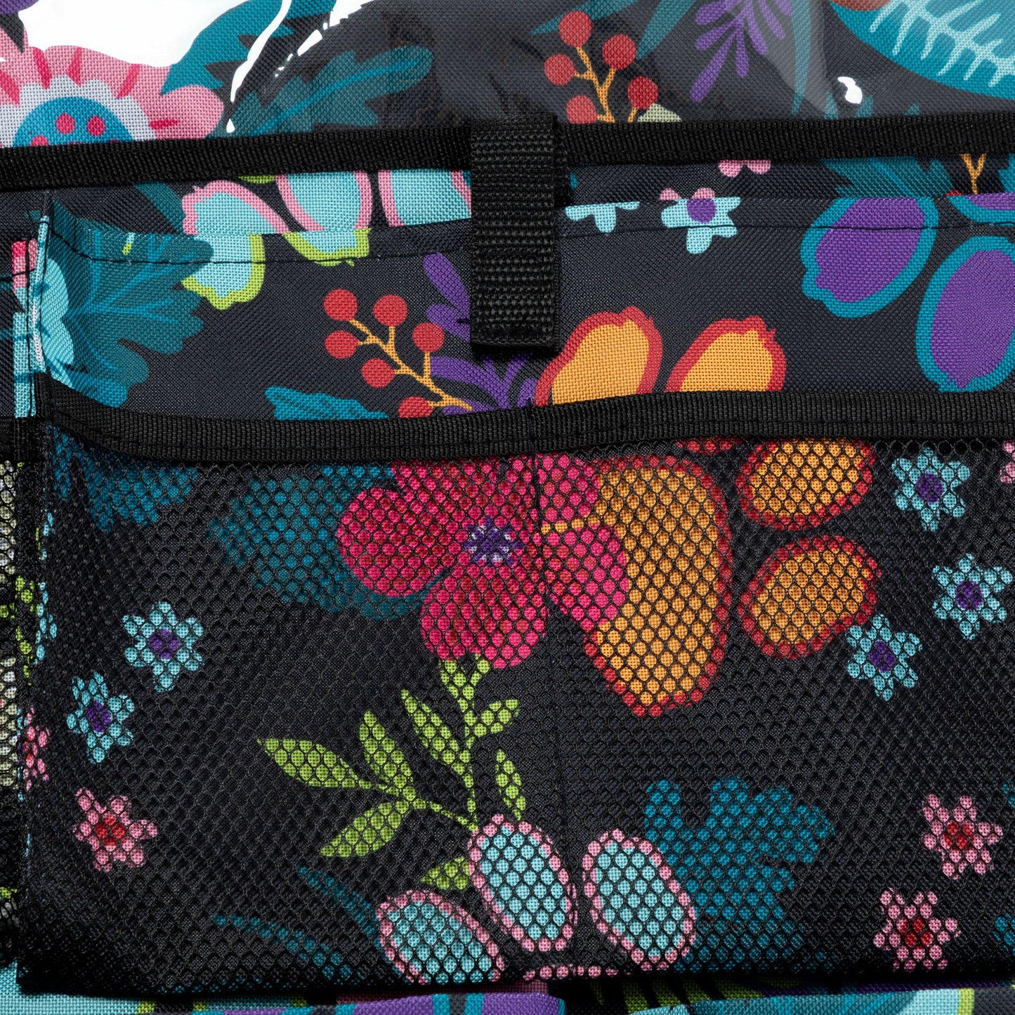 Floral patterned bag with colorful flowers on a black background