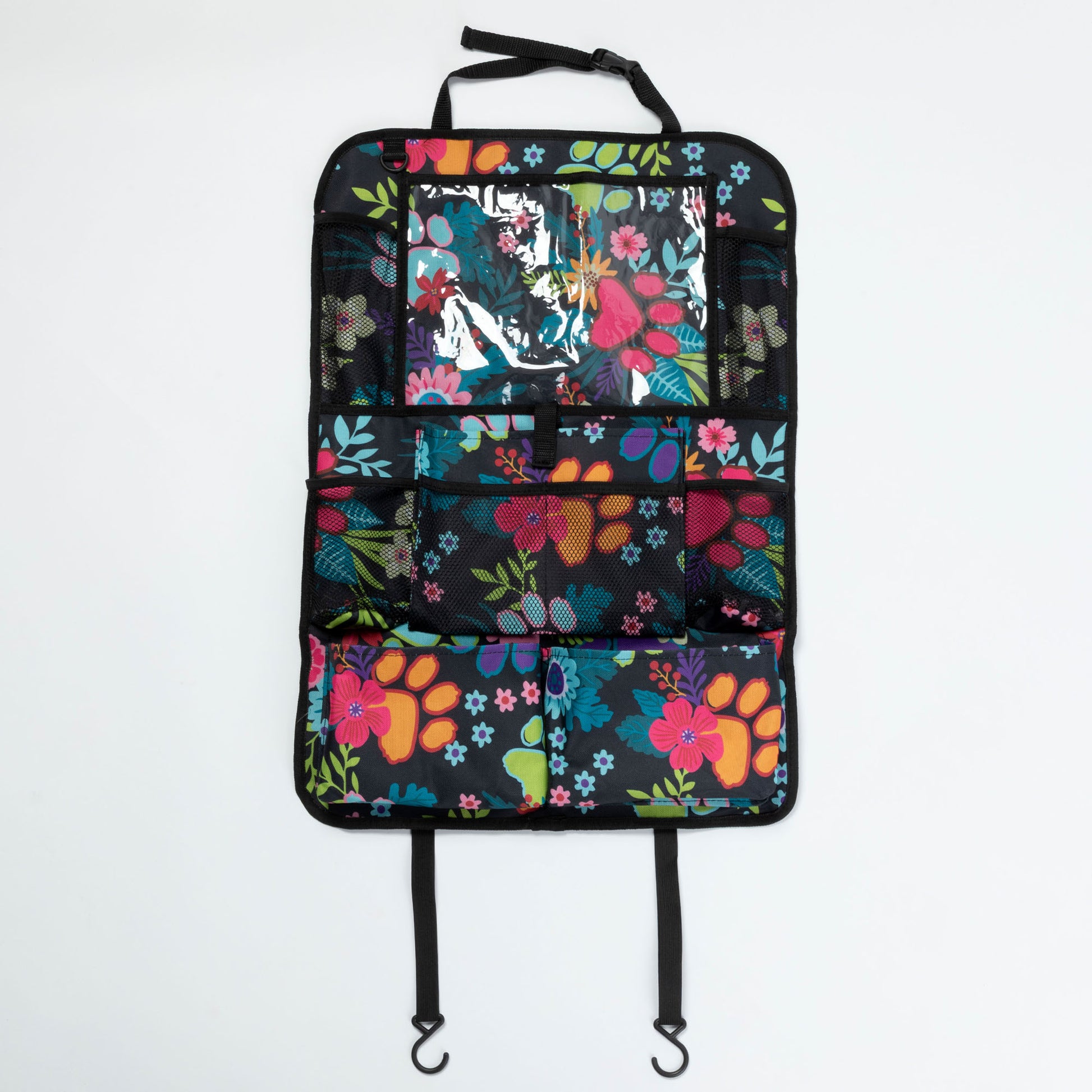 Multicolored floral-patterned car organizer with straps on a white background