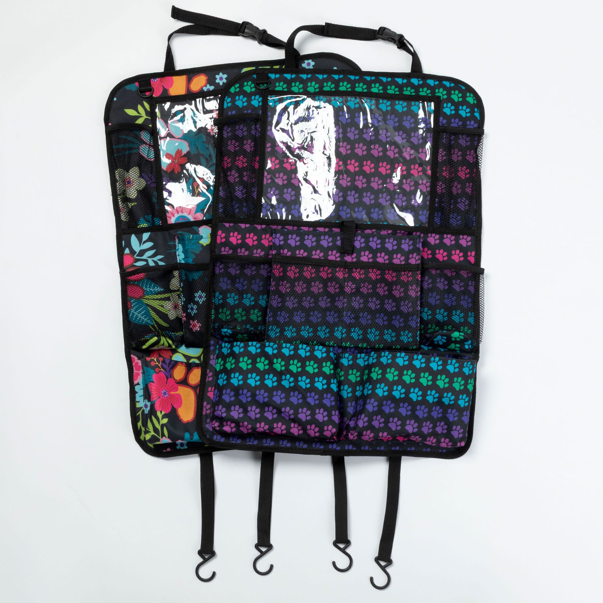 Colorful patterned car organizer with straps on a white background