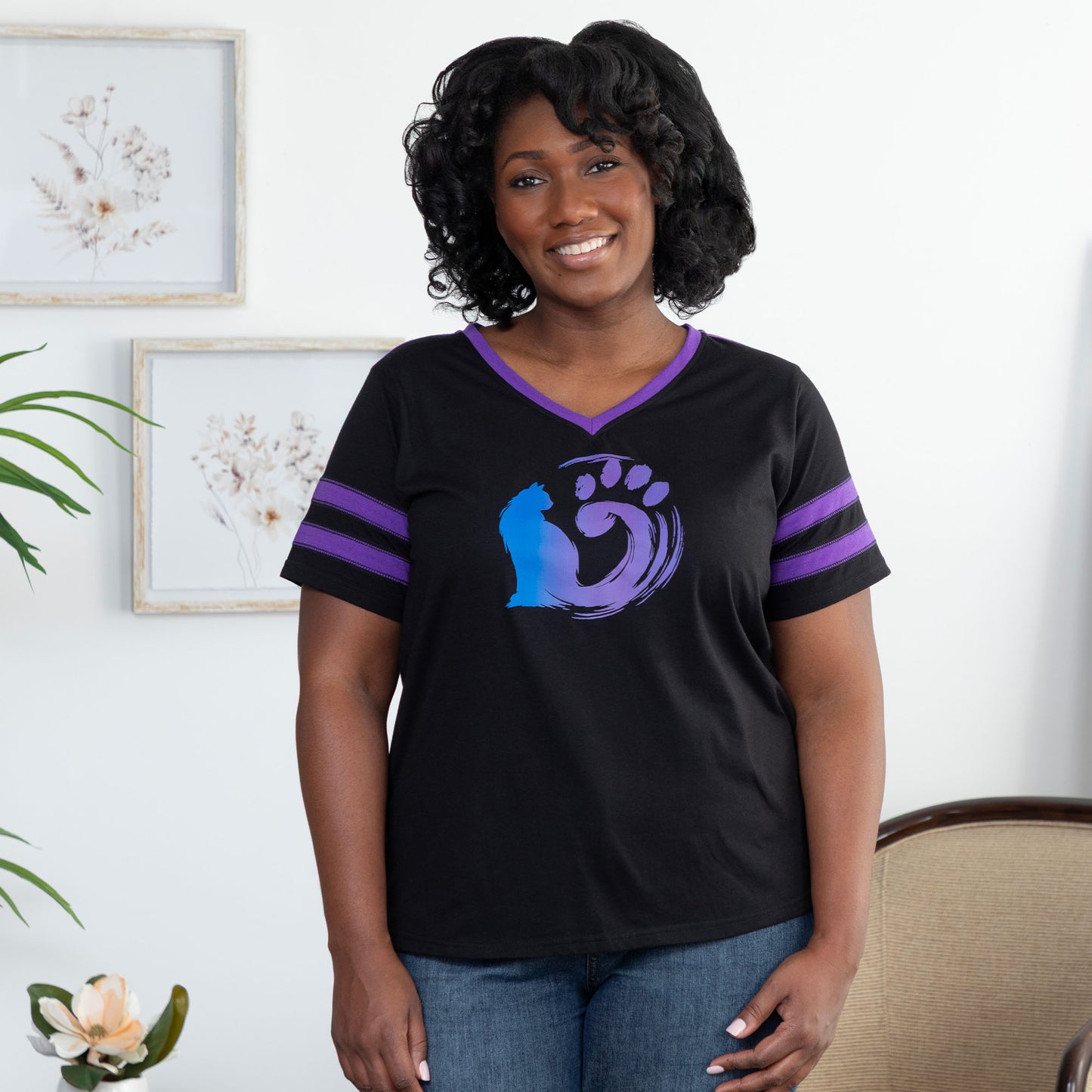 Painted Cat V-Neck Football Tee