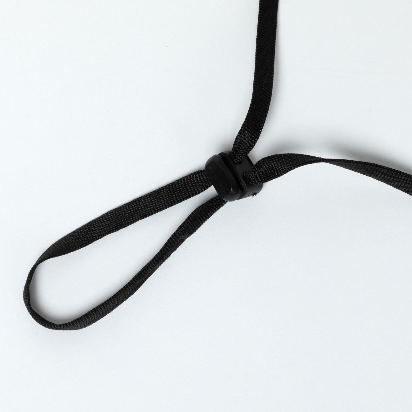 Black adjustable chin strap for sun hat against a white background.