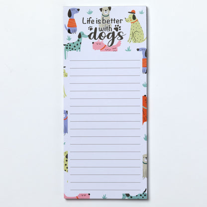 Notepad with dog illustrations and 'Life is better with dogs' text on a white background.