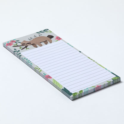 Notepad with a sloth illustration and floral design on a white background.