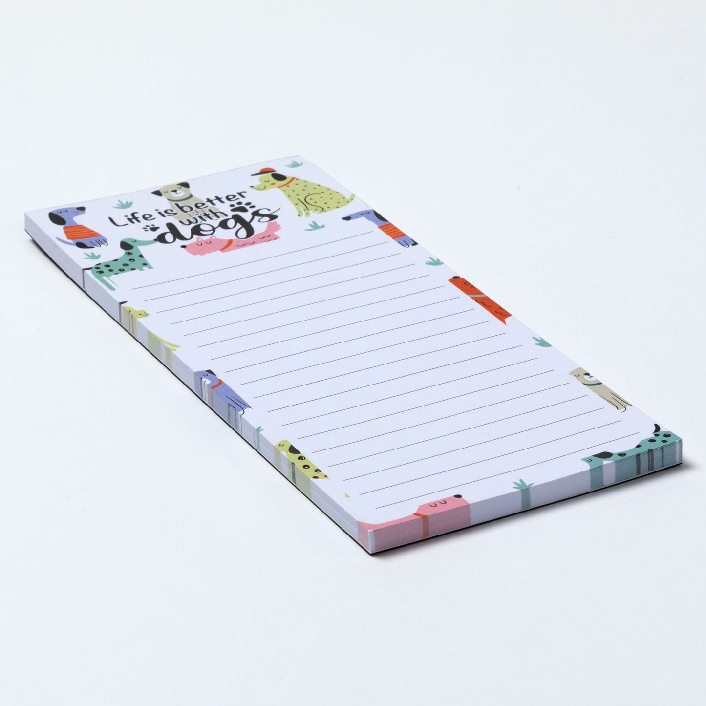 Notepad with dog-themed design and phrase "Life is better with dogs" on a white background.