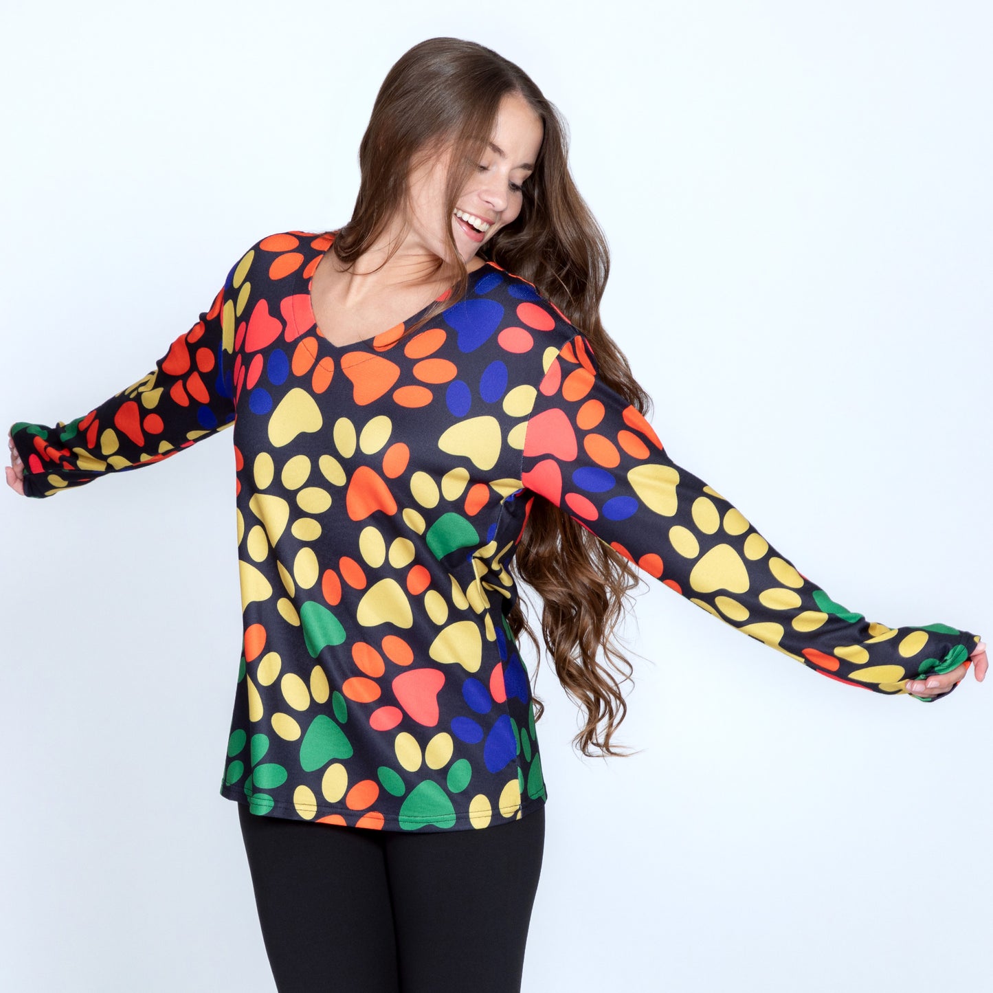 Colorful Paw Print Long Sleeve V-Neck Top