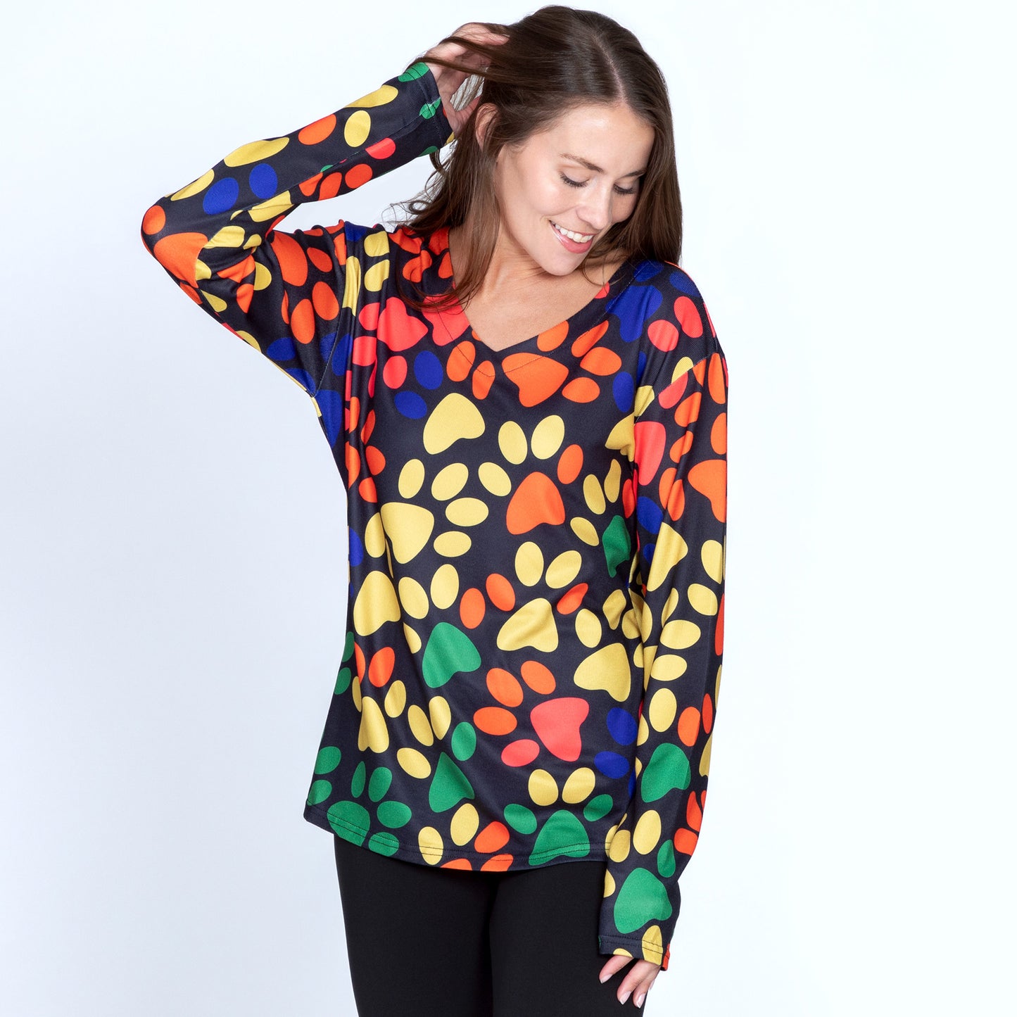 Colorful Paw Print Long Sleeve V-Neck Top