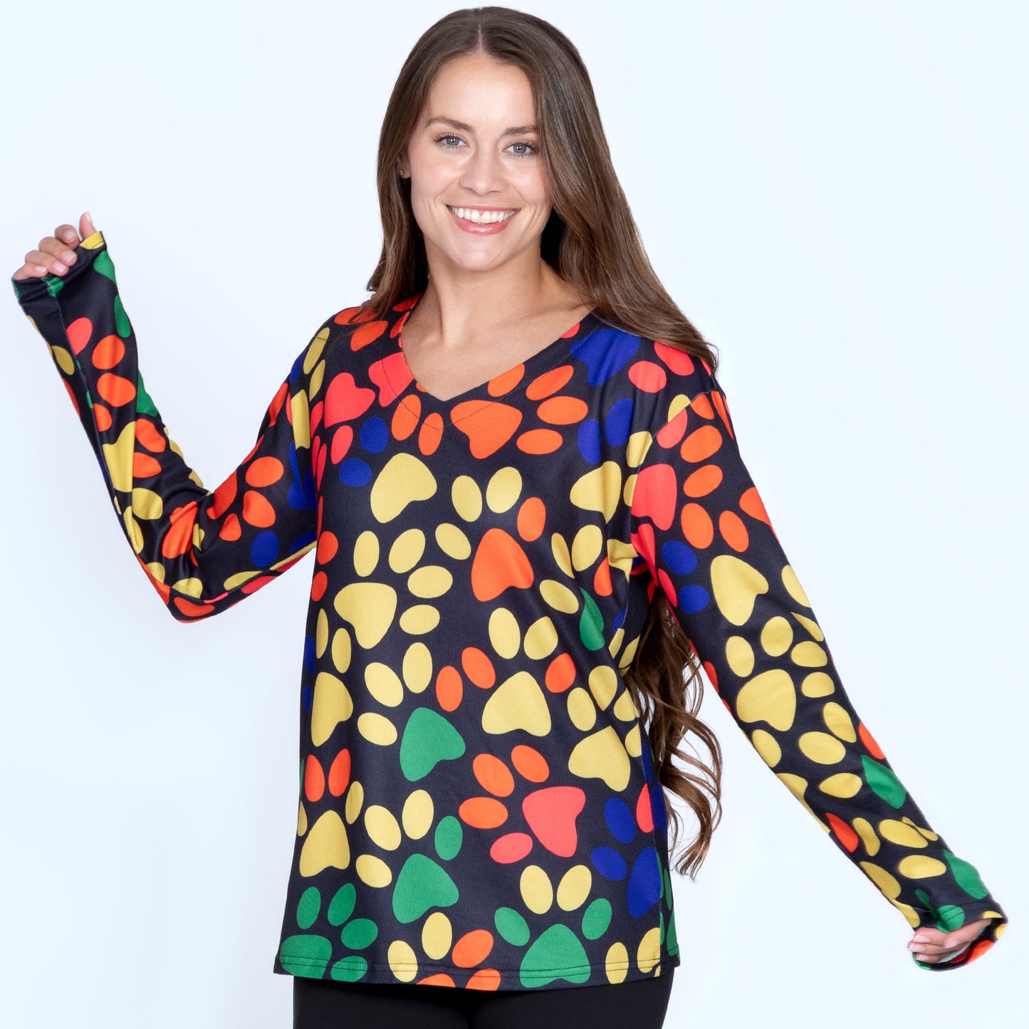 Colorful Paw Print Long Sleeve V-Neck Top