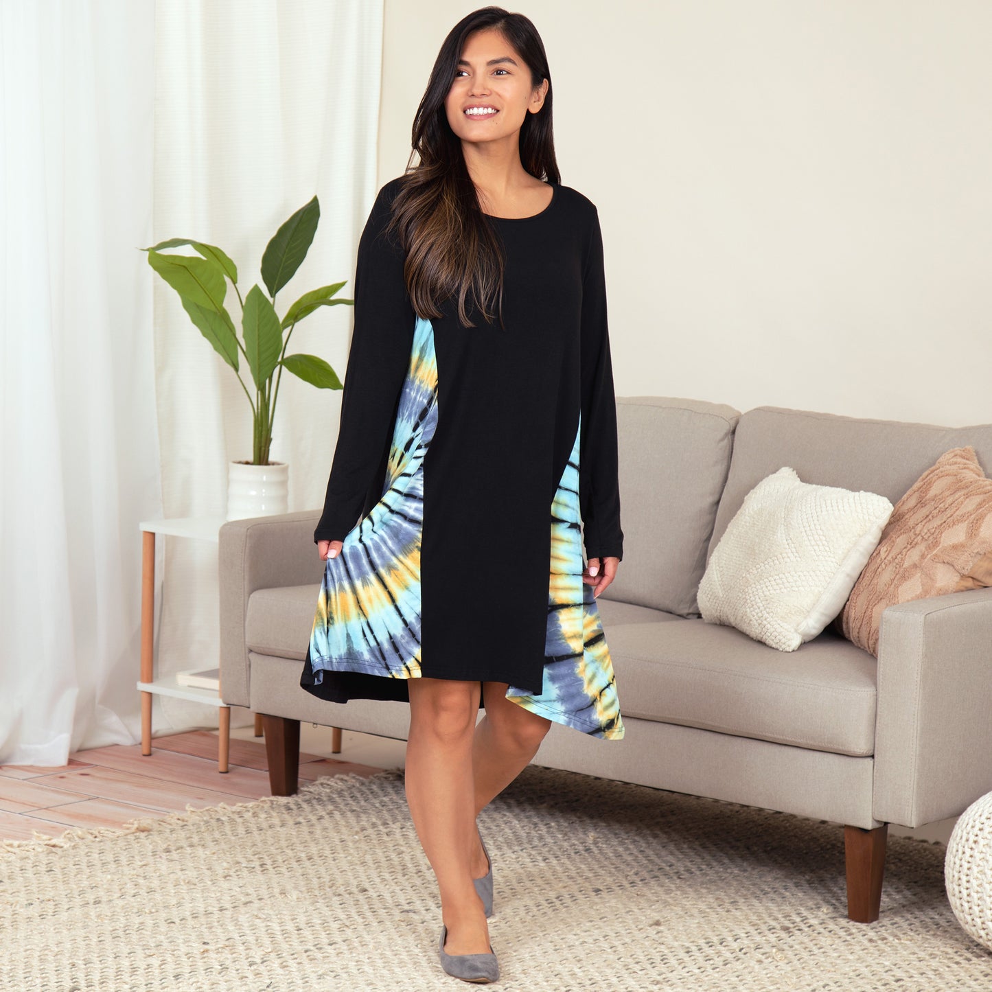 Long Sleeve Tie-Dye Side Panel Dress