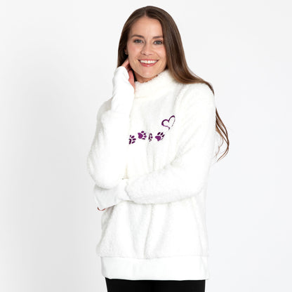 Paw Print Mock Neck Plush Sherpa Fleece Pullover with Thumb Holes